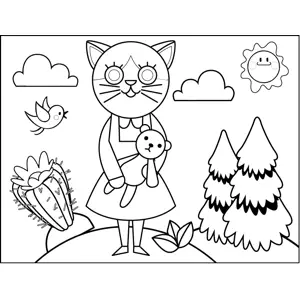 Cat with Doll coloring page