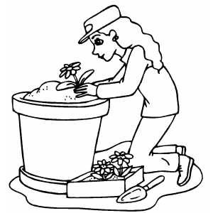 Girl Putting Flower In Flowerpot coloring page