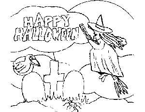 Halloween Witch Flying Over Graveyard coloring page