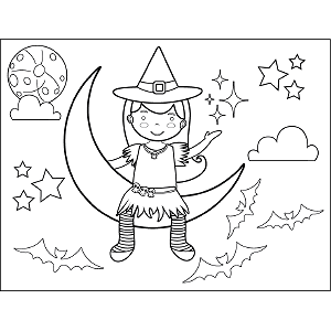 Witch Sitting on Moon coloring page