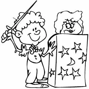 Magician With Assistant In Box coloring page