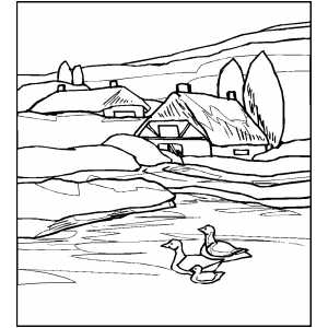Cottages Near River coloring page