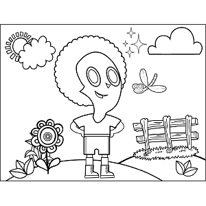 Curly-Haired Kid with Dragonfly coloring page