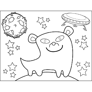 Smiling Space Alien with Flying Saucer coloring page