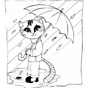 Cat With Umbrella Under Rain coloring page