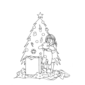 Girl Opens Presents Under Tree coloring page