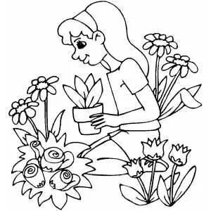 Gardener Sitting In Flowers coloring page