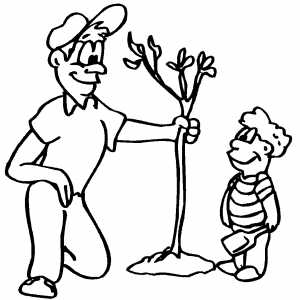 Man With Boy Planting Tree coloring page