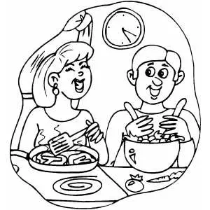 Couple Laughing And Cooking Dinner coloring page