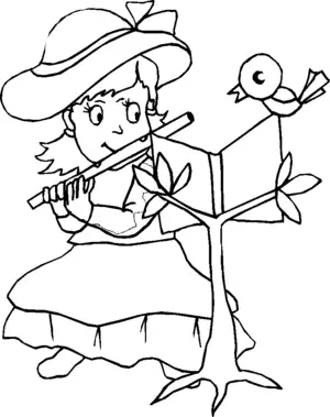 Flautist Girl Playing For Bird coloring page