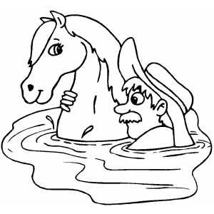 Cowboy And Horse Swimming coloring page
