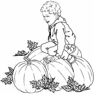 Boy Sitting On Pumpkins coloring page