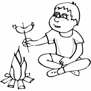 Boy Preparing Sausage On Campfire coloring page