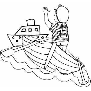 Boy Rowing To The Ship coloring page