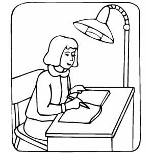 Girl Studying Under Lamp Light coloring page