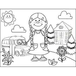 Girl with Braids School Bus coloring page