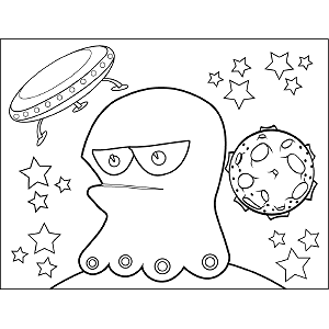 Frowning Space Alien with Flying Saucer coloring page